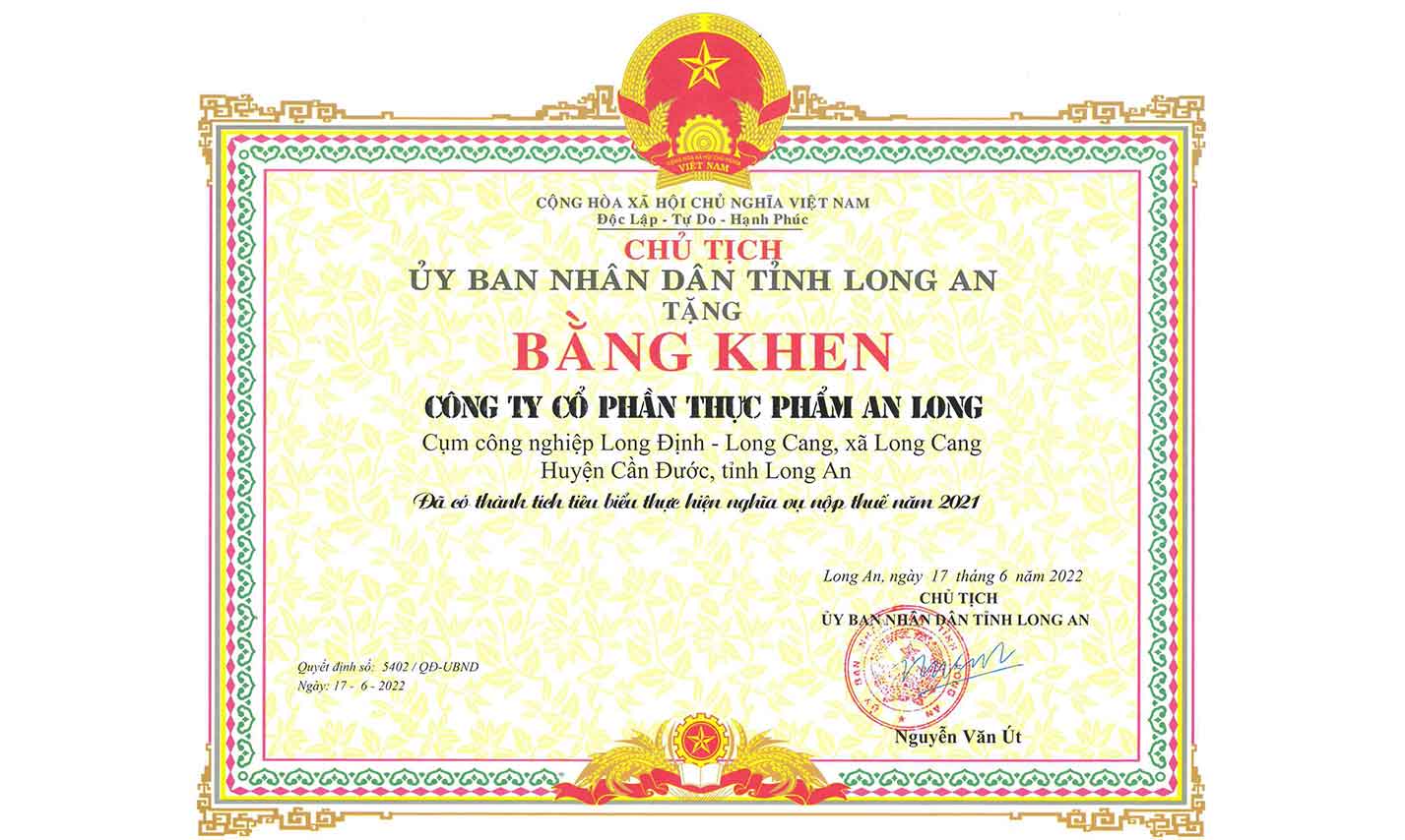 anlong-food-certificate-outstanding-achievement-tax-obligation-2021